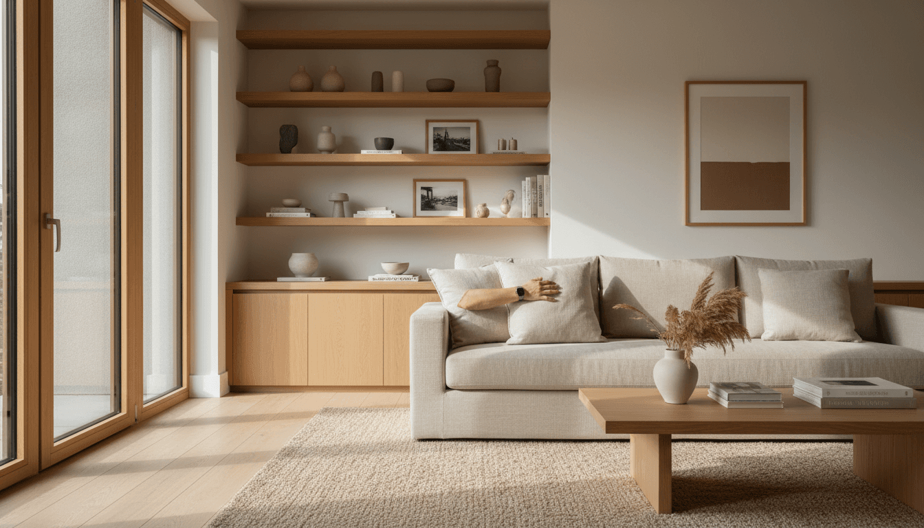 Newly organized bright living room with neatly arranged shelves and clean surfaces