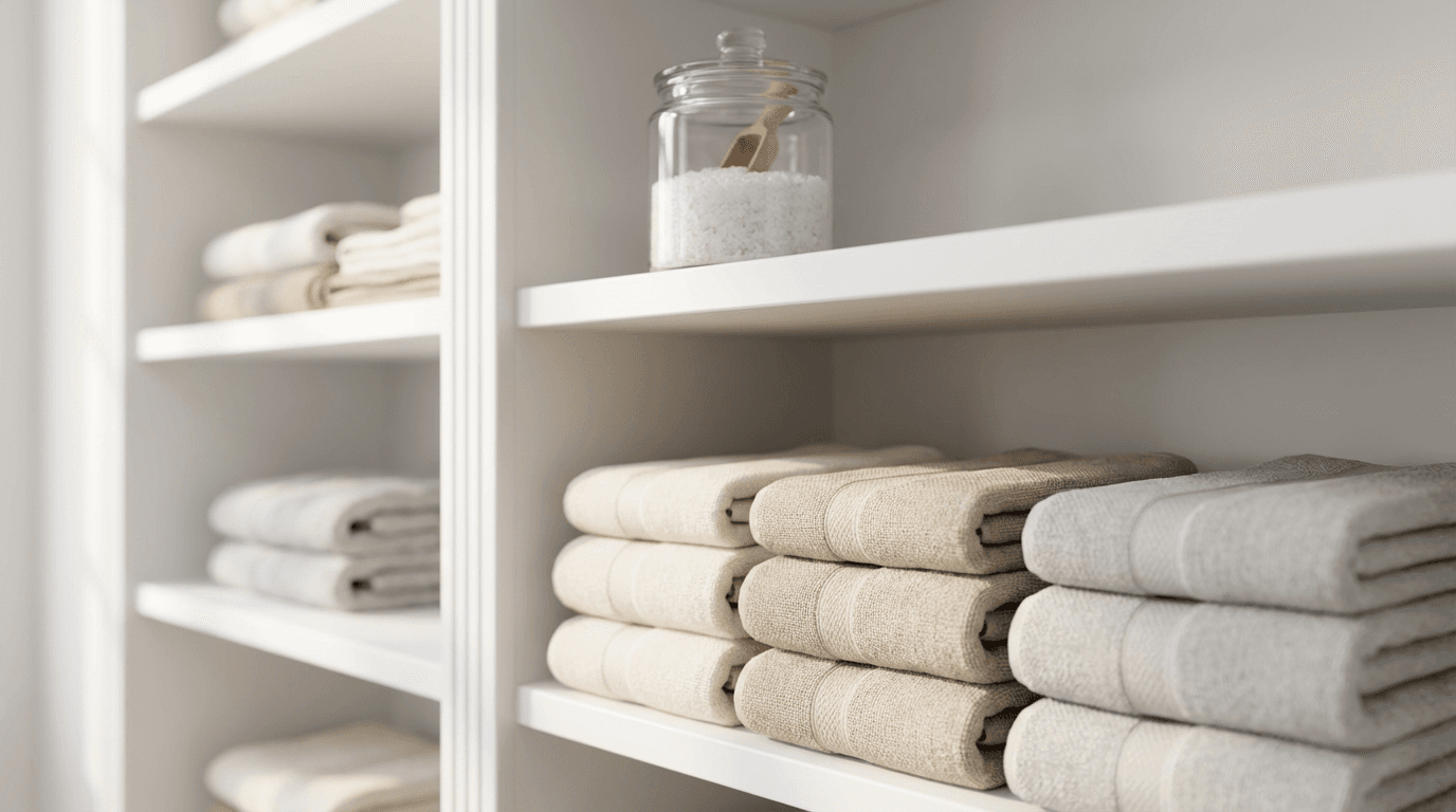 Linen closet with color sorted towels and folded sheets