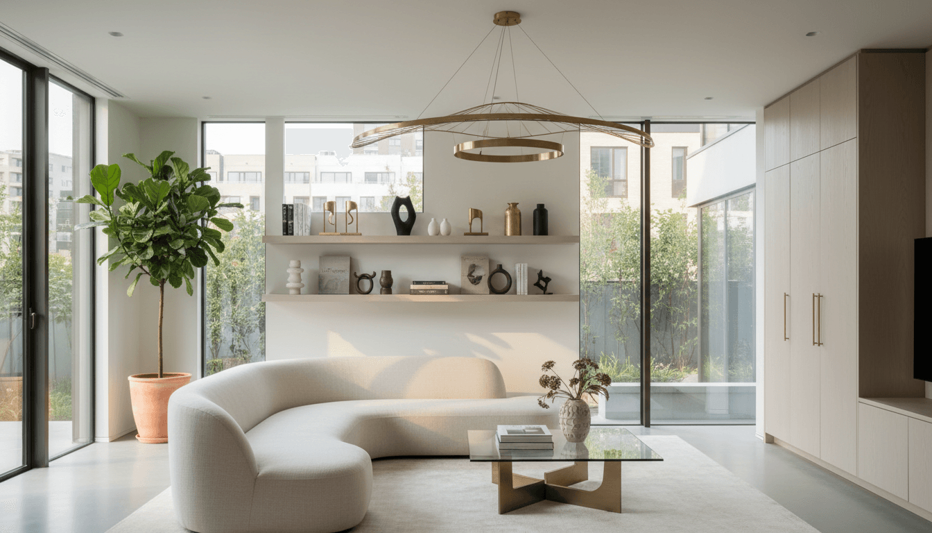 Living room with balanced shelving and tidy styling