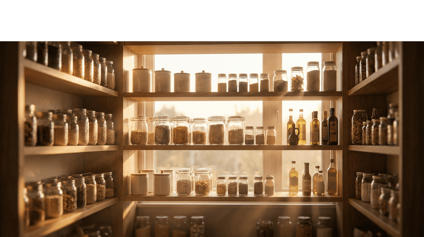Kitchen pantry with grouped dry goods and basket storage