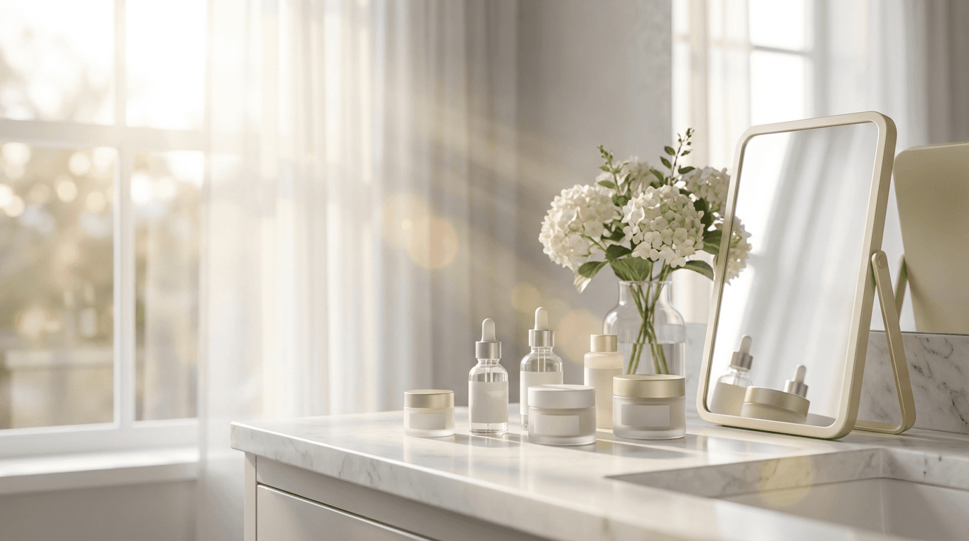 Bathroom vanity with rolled towels and tidy countertop