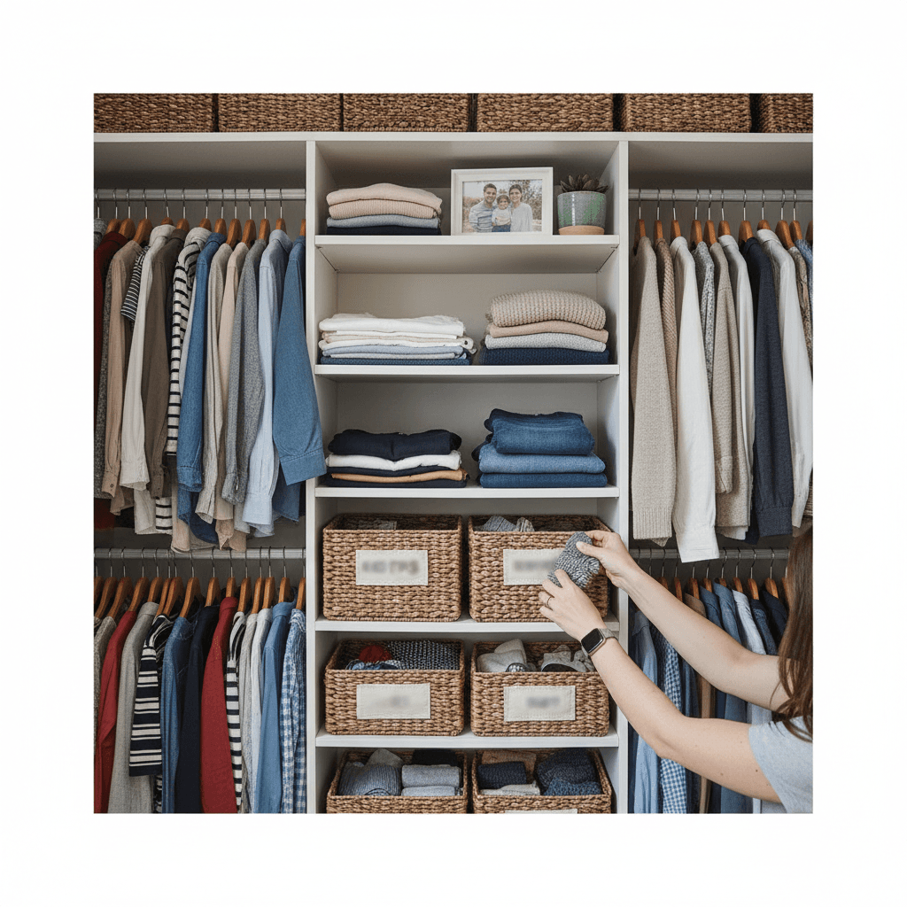 Entryway coat closet with organized shoes and accessories
