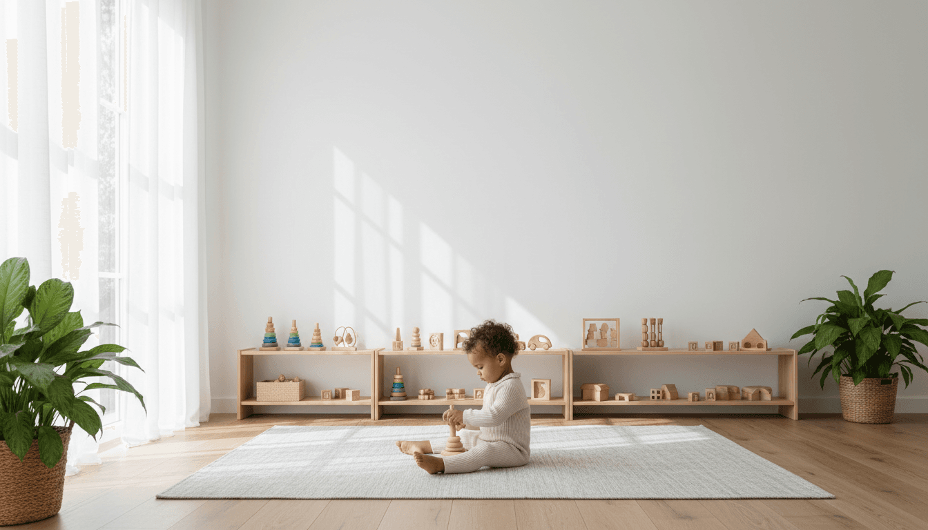 Playroom corner with labeled toy bins and reading nook